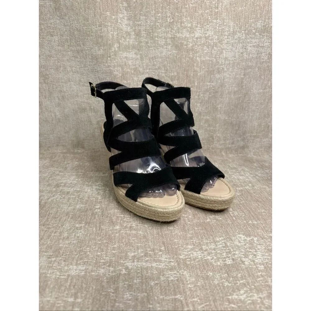 Sofft Women's Shandy Suede Leather Strappy Wedge Espadrille Sandals Black Size 8